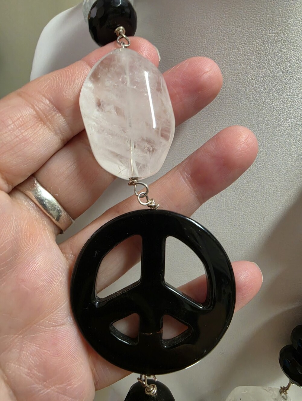 Artisan Black& White Chunky Tourmalinated and Milky Quartz and Glass Necklace - Picture 9 of 9